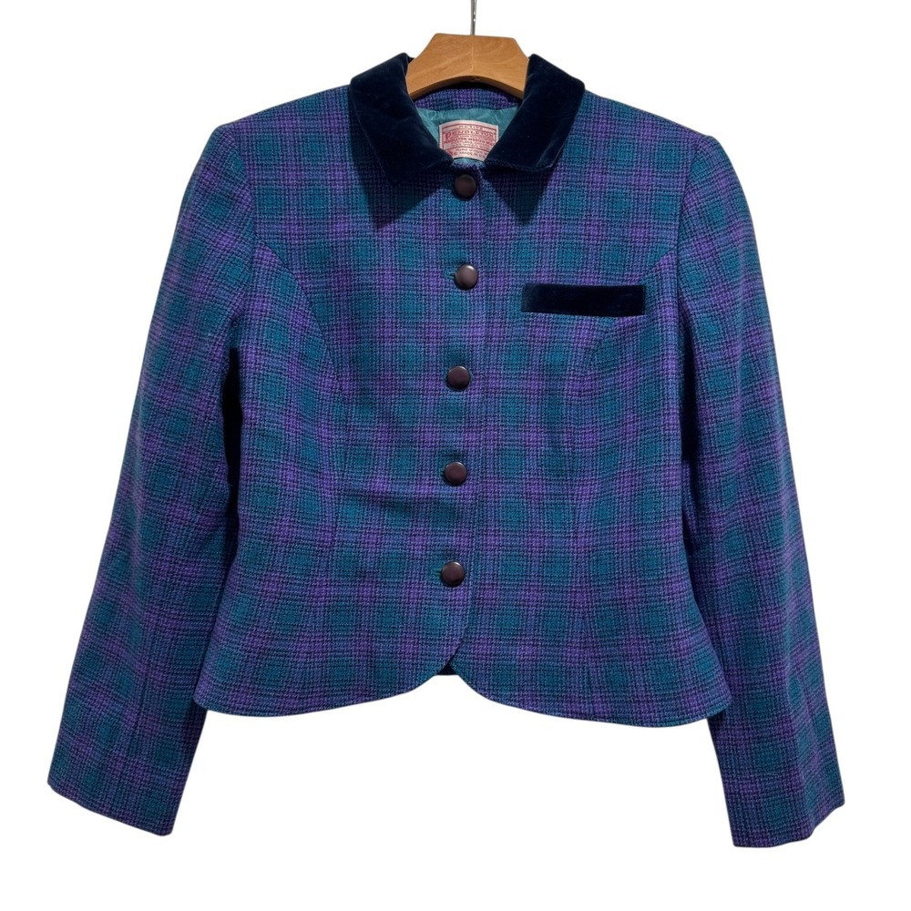 Vintage Pendlton Cropped Blazer Tweed Teal Purple Velvet Collar Women's Size 4